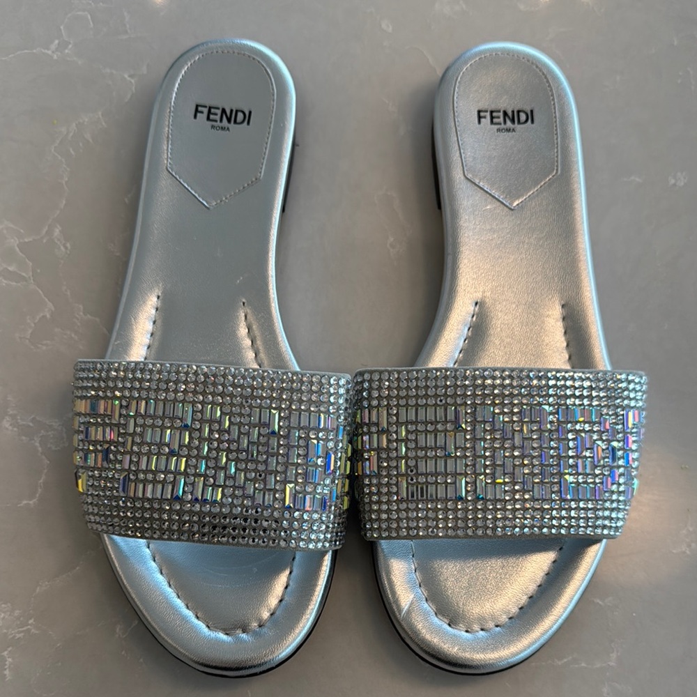 Fendi Silver Slide Sandals